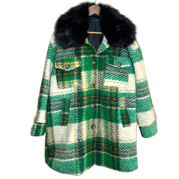 Made in Italy Wool Blend Green Plaid Button Up Coat with Faux Fur Collar - Picture 1 of 8
